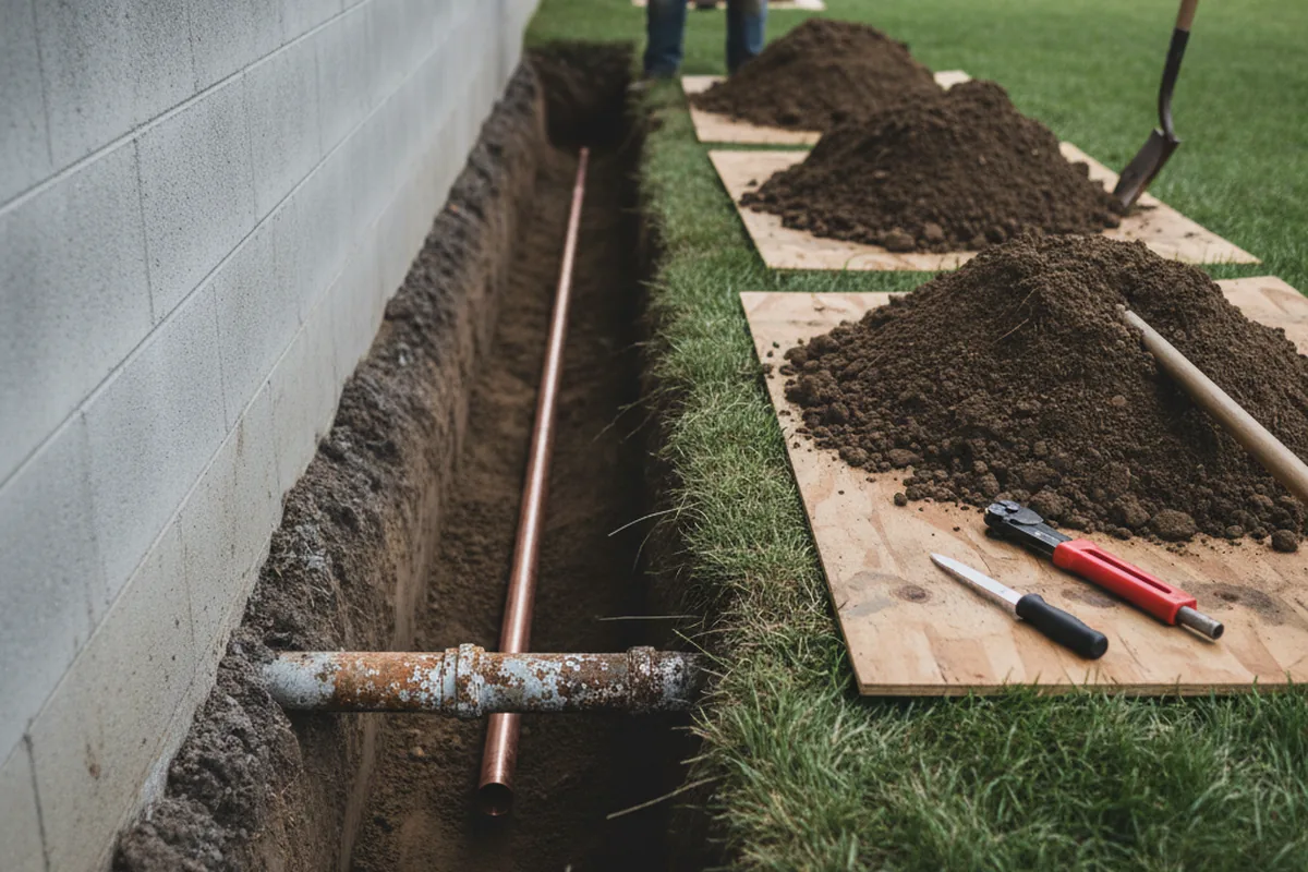 Excavated water line trench during Sewer Line Repair in Addison